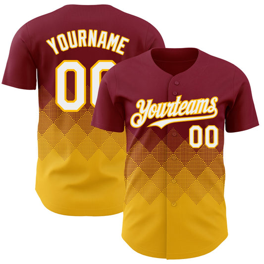 Custom Crimson White-Gold 3D Gradient Square Shape Authentic Baseball Jersey - Main View