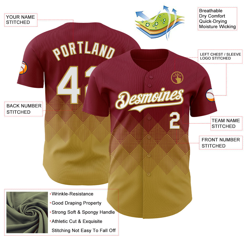 Custom Crimson White-Old Gold 3D Gradient Square Shape Authentic Baseball Jersey view 3