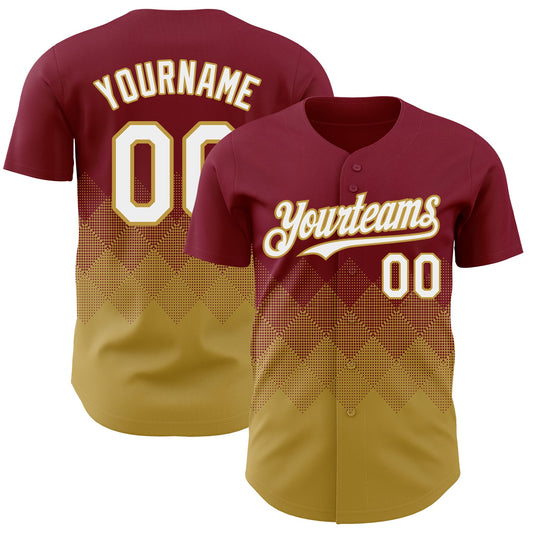 Custom Crimson White-Old Gold 3D Gradient Square Shape Authentic Baseball Jersey - Main View