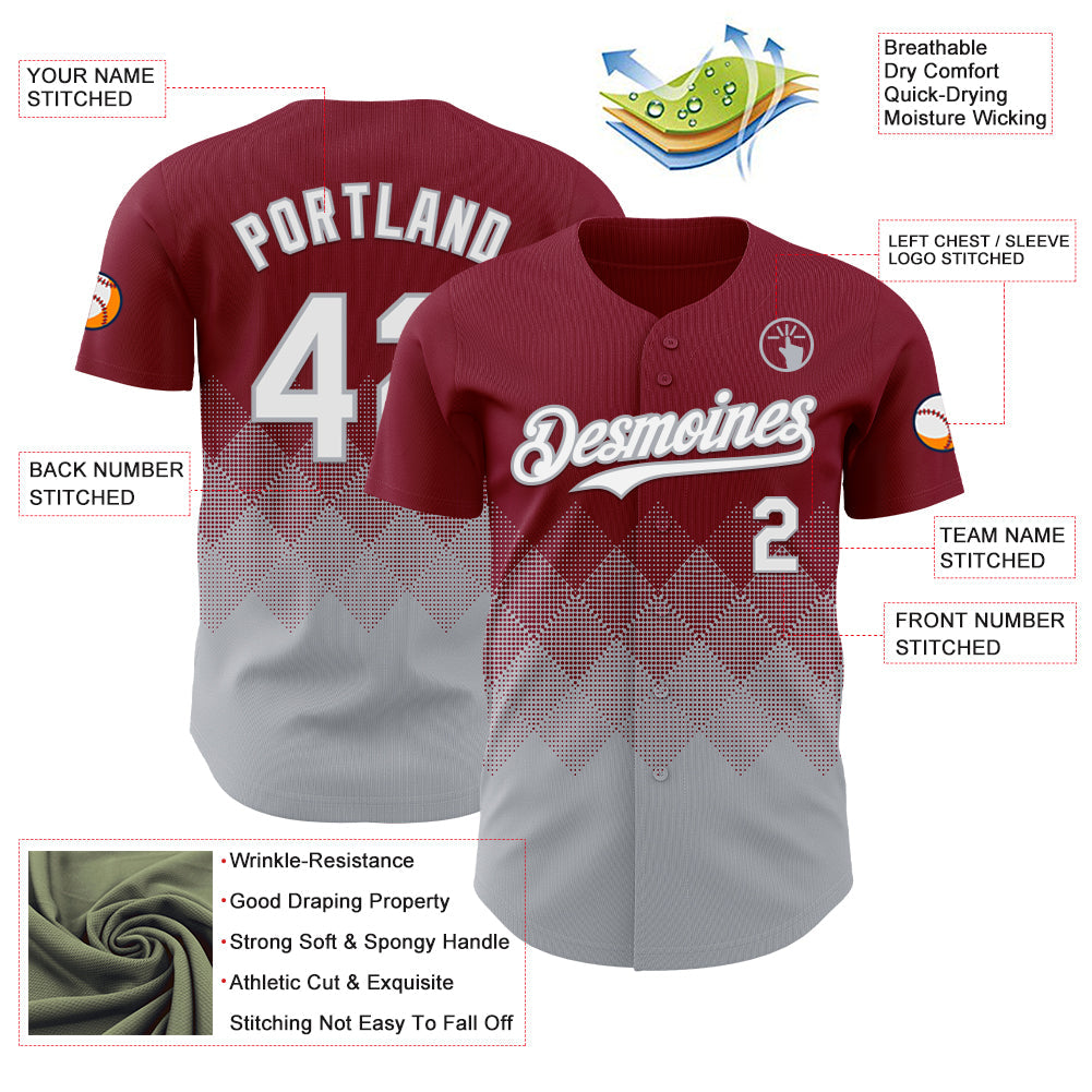 Custom Crimson White-Gray 3D Gradient Square Shape Authentic Baseball Jersey view 3