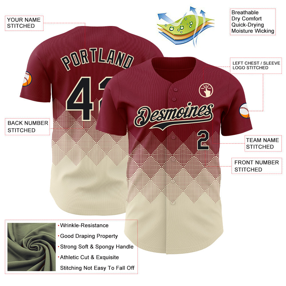 Custom Crimson Black-Cream 3D Gradient Square Shape Authentic Baseball Jersey view 3