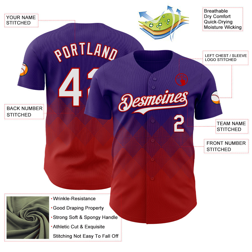 Custom Purple White-Red 3D Gradient Square Shape Authentic Baseball Jersey view 3