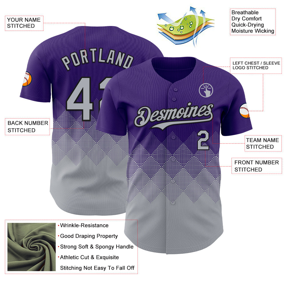 Custom Purple Gray-Black 3D Gradient Square Shape Authentic Baseball Jersey view 3