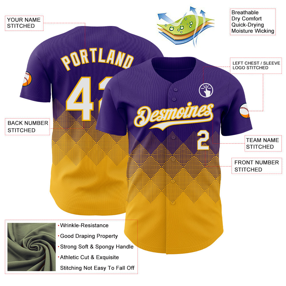 Custom Purple White-Gold 3D Gradient Square Shape Authentic Baseball Jersey view 3