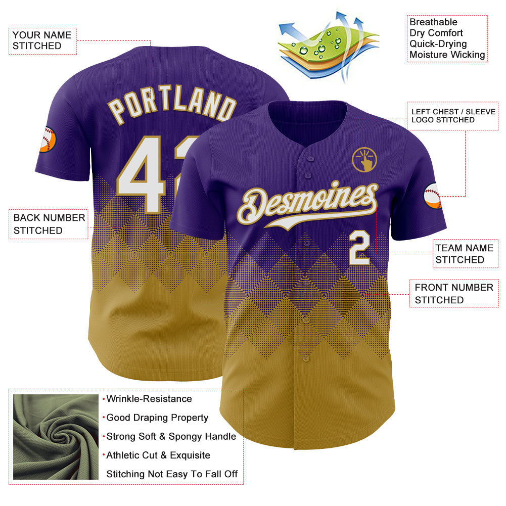 Custom Purple White-Old Gold 3D Gradient Square Shape Authentic Baseball Jersey view 3