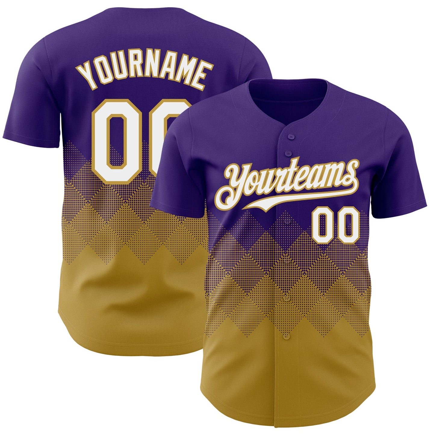 Custom Purple White-Old Gold 3D Gradient Square Shape Authentic Baseball Jersey - Main View