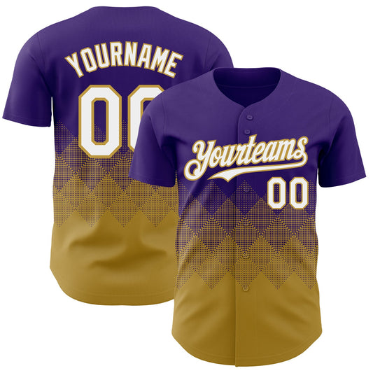 Custom Purple White-Old Gold 3D Gradient Square Shape Authentic Baseball Jersey - Main View