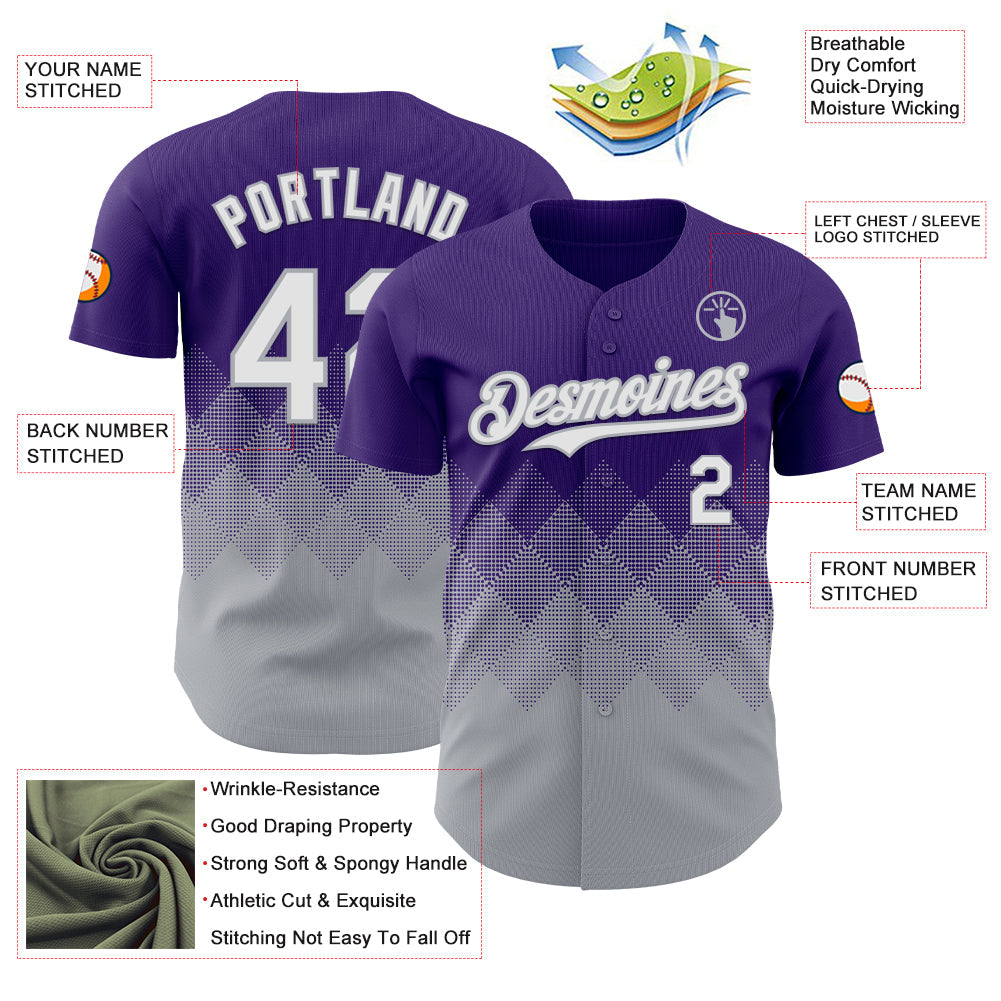 Custom Purple White-Gray 3D Gradient Square Shape Authentic Baseball Jersey view 3