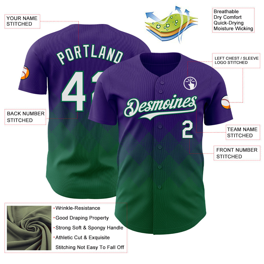Custom Purple White-Kelly Green 3D Gradient Square Shape Authentic Baseball Jersey view 3