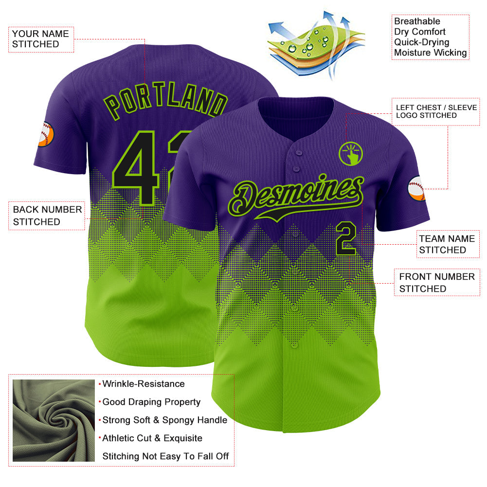 Custom Purple Black-Neon Green 3D Gradient Square Shape Authentic Baseball Jersey view 3