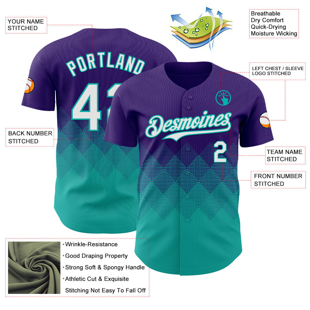 Custom Purple White-Aqua 3D Gradient Square Shape Authentic Baseball Jersey view 3