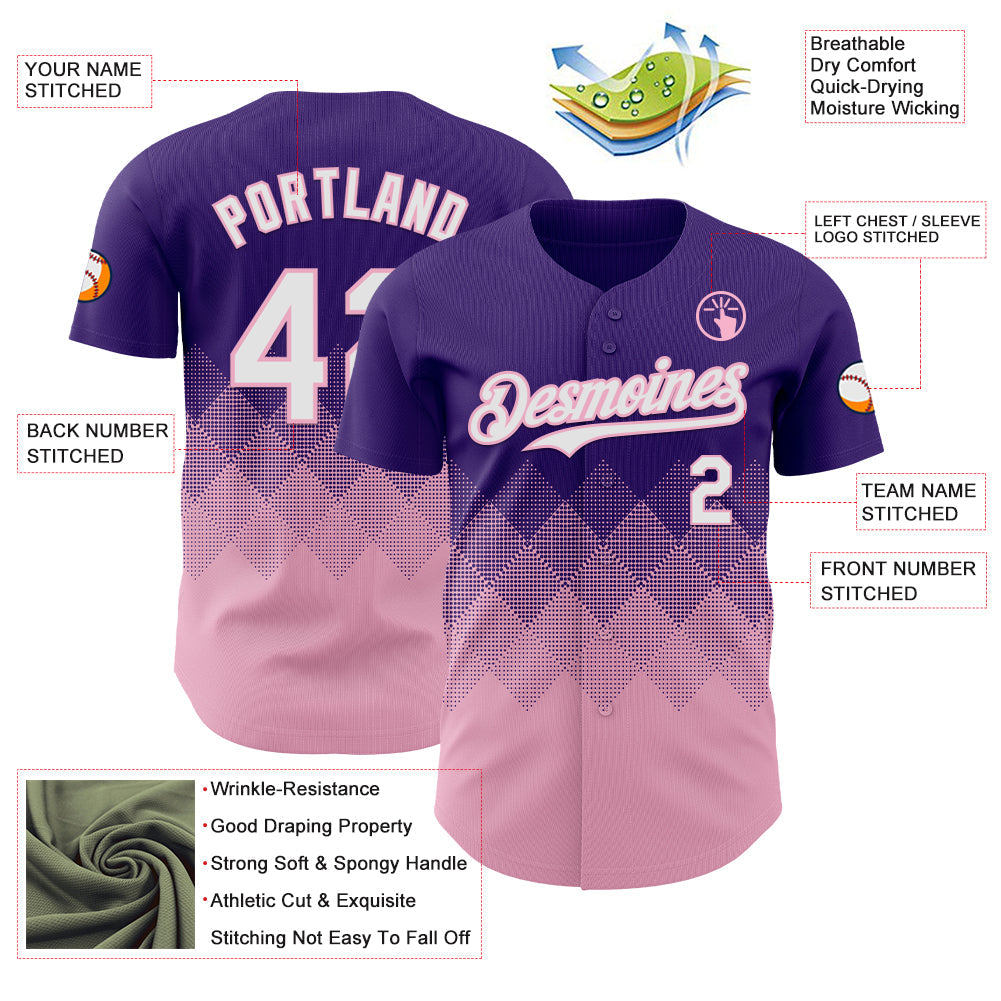 Custom Purple White-Light Pink 3D Gradient Square Shape Authentic Baseball Jersey view 3