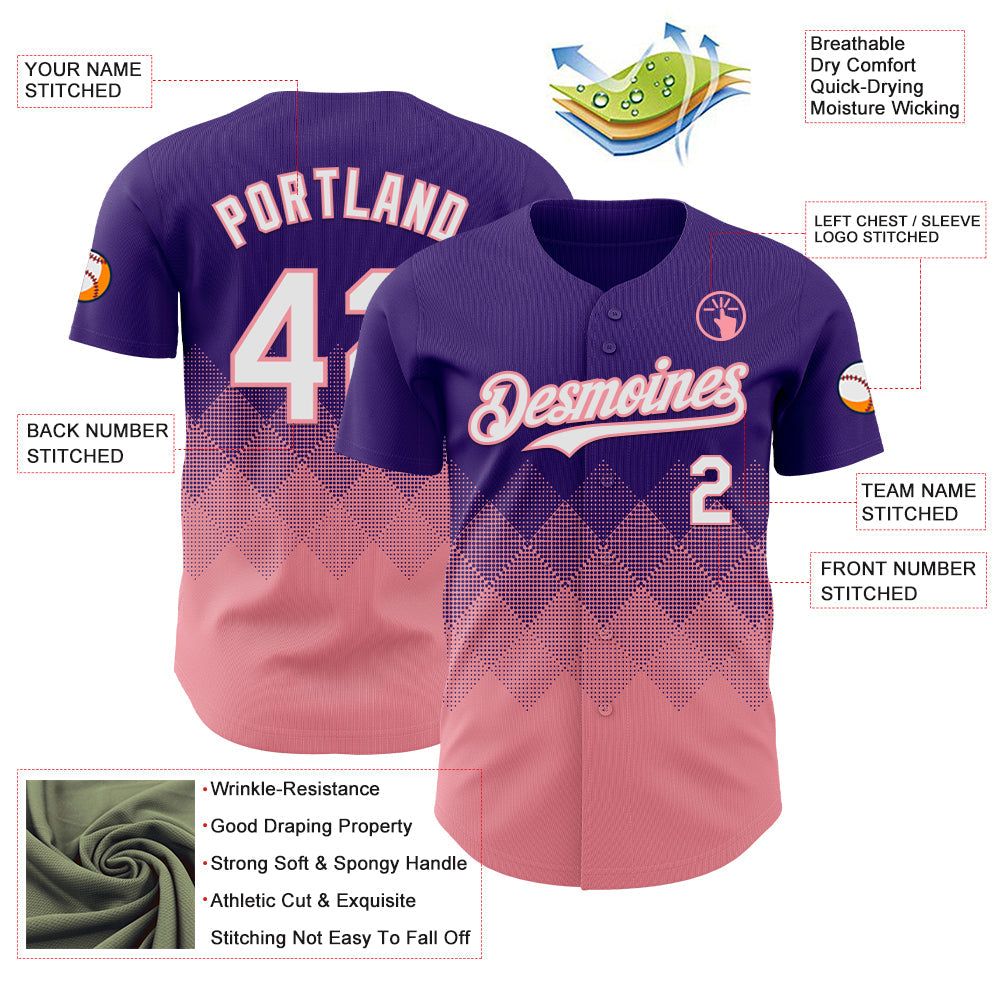 Custom Purple White-Medium Pink 3D Gradient Square Shape Authentic Baseball Jersey view 3