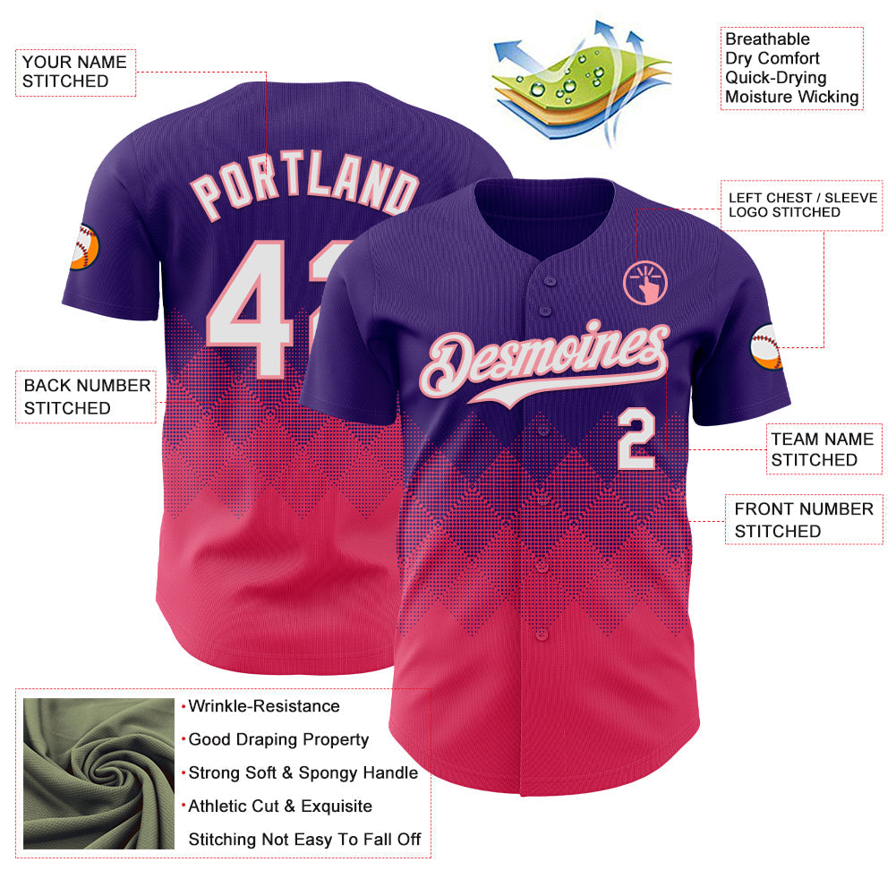 Custom Purple White-Neon Pink 3D Gradient Square Shape Authentic Baseball Jersey view 3