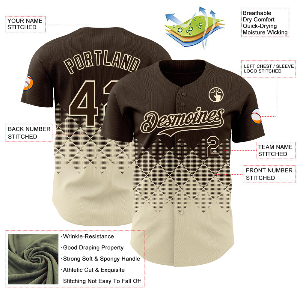Custom Brown Cream 3D Gradient Square Shape Authentic Baseball Jersey view 3