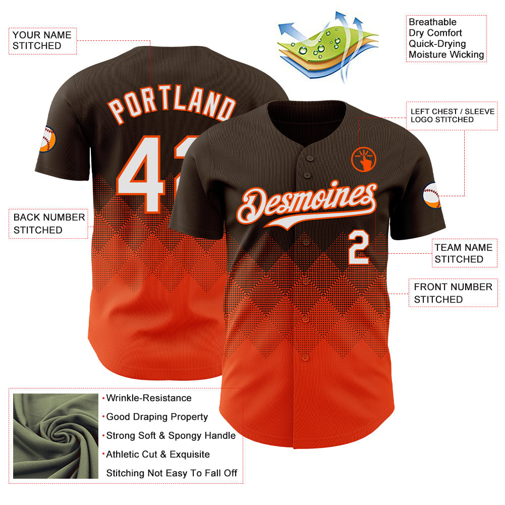 Custom Brown White-Orange 3D Gradient Square Shape Authentic Baseball Jersey view 3