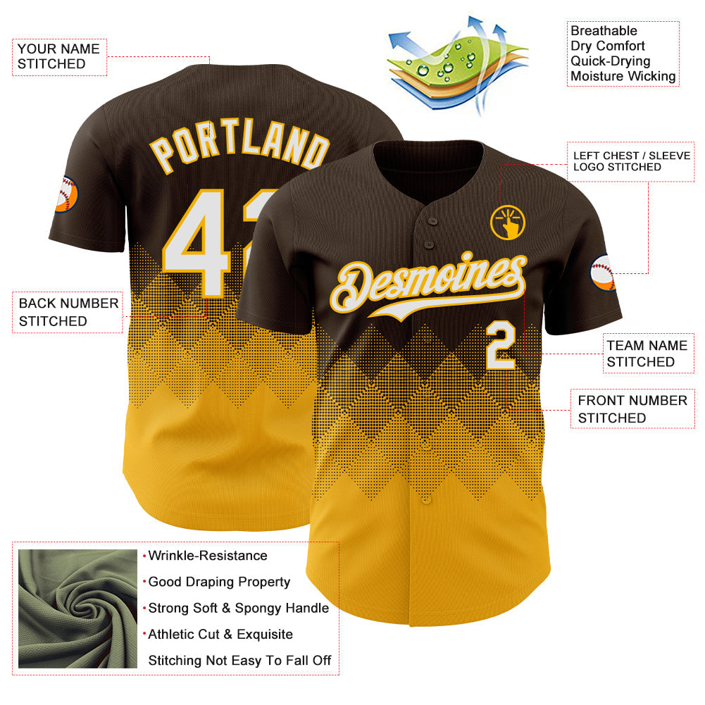 Custom Brown White-Gold 3D Gradient Square Shape Authentic Baseball Jersey view 3