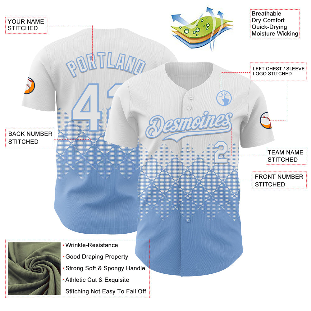 Custom White Light Blue 3D Gradient Square Shape Authentic Baseball Jersey view 3
