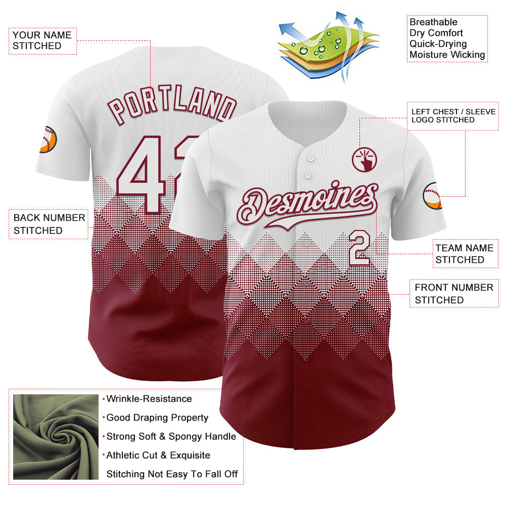 Custom White Crimson 3D Gradient Square Shape Authentic Baseball Jersey view 3