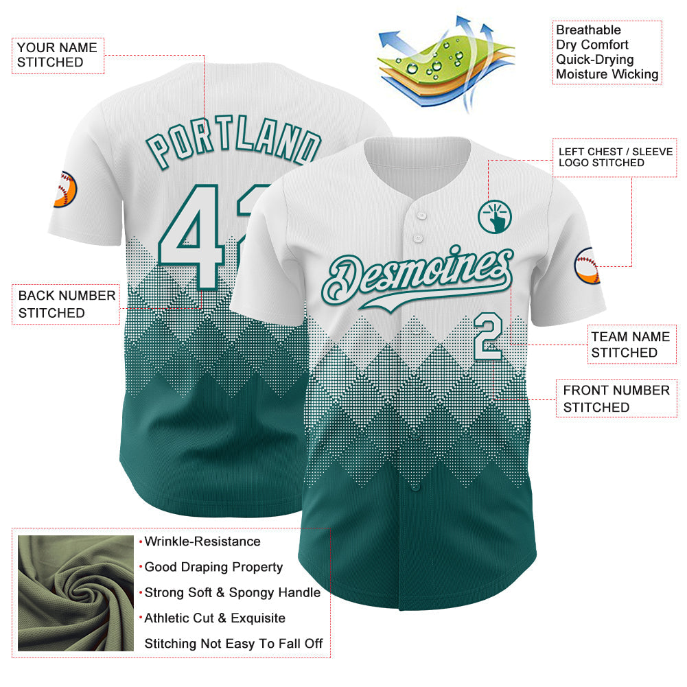 Custom White Teal 3D Gradient Square Shape Authentic Baseball Jersey view 3
