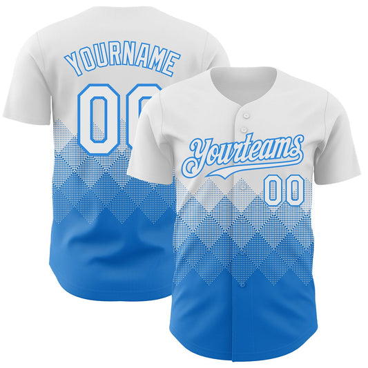 Custom White Electric Blue 3D Gradient Square Shape Authentic Baseball Jersey - Main View