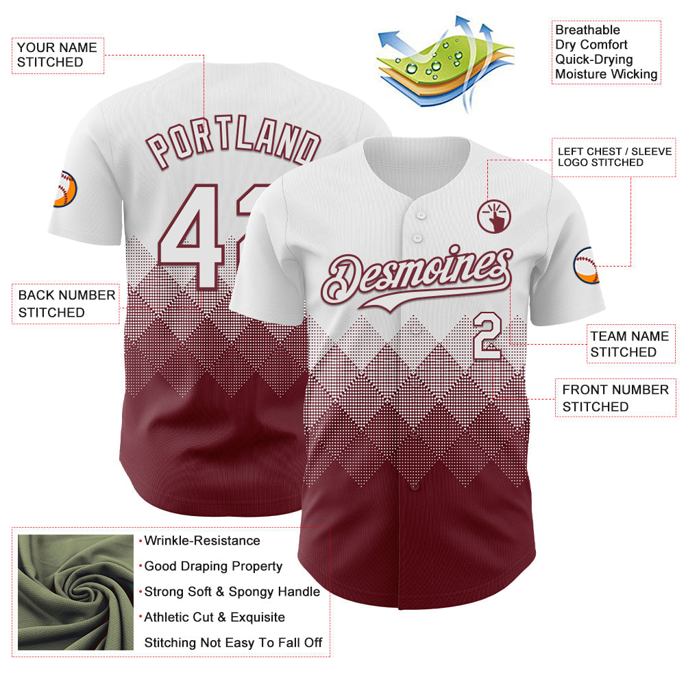 Custom White Burgundy 3D Gradient Square Shape Authentic Baseball Jersey view 3