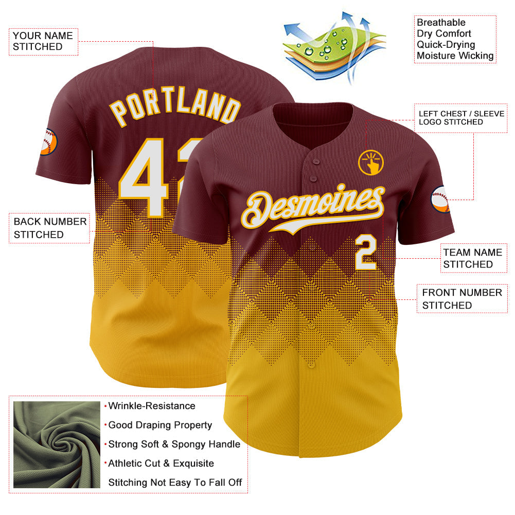 Custom Burgundy White-Gold 3D Gradient Square Shape Authentic Baseball Jersey view 3