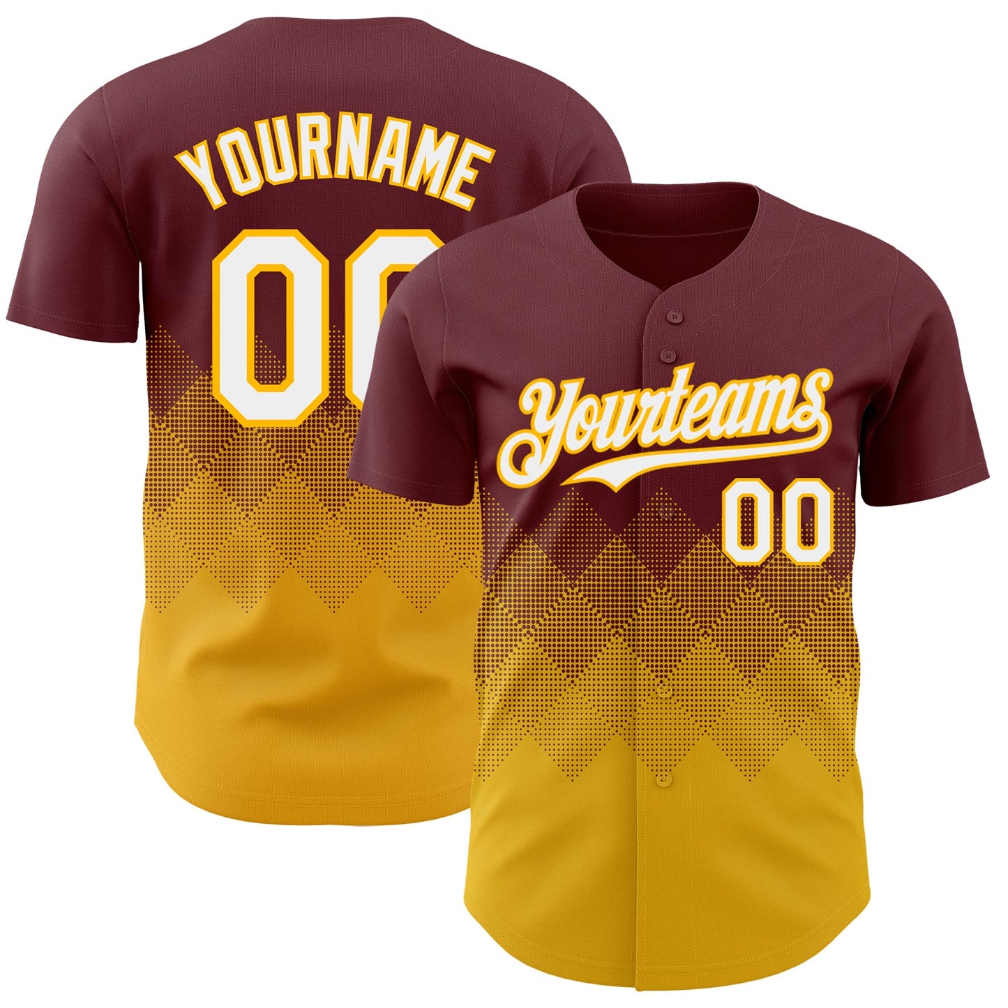 Custom Burgundy White-Gold 3D Gradient Square Shape Authentic Baseball Jersey - Main View