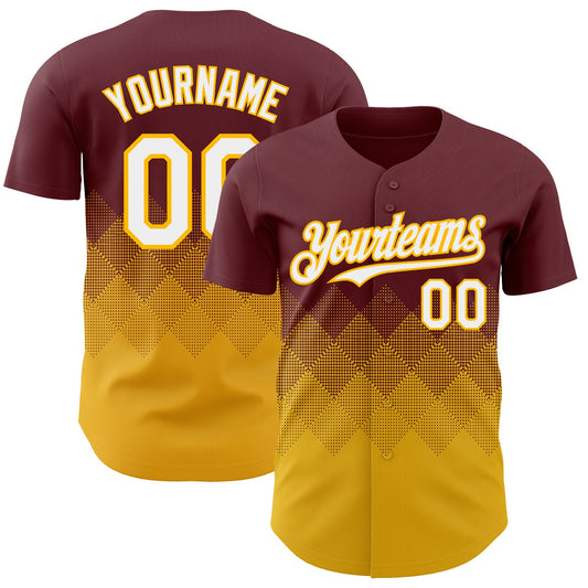 Custom Burgundy White-Gold 3D Gradient Square Shape Authentic Baseball Jersey - Main View