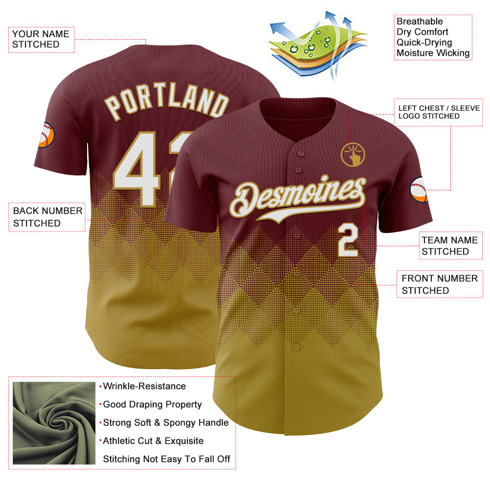 Custom Burgundy White-Old Gold 3D Gradient Square Shape Authentic Baseball Jersey view 3
