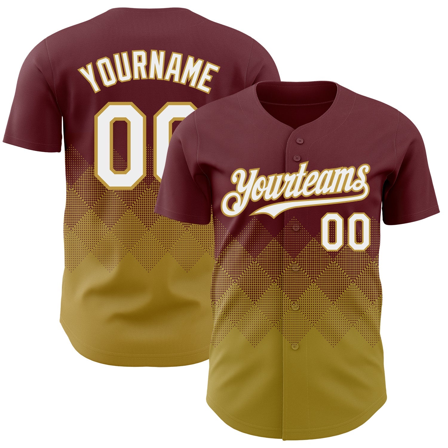 Custom Burgundy White-Old Gold 3D Gradient Square Shape Authentic Baseball Jersey - Main View