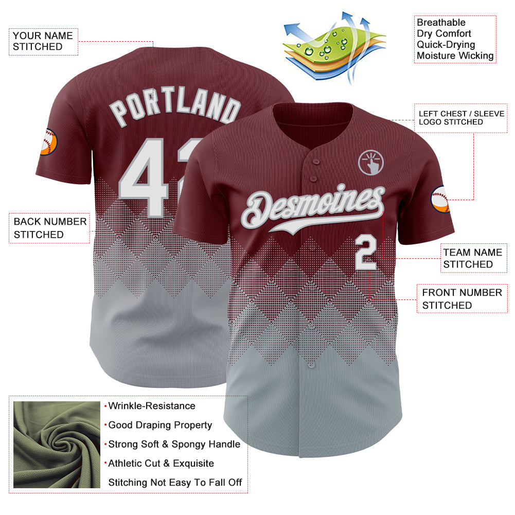 Custom Burgundy White-Gray 3D Gradient Square Shape Authentic Baseball Jersey view 3