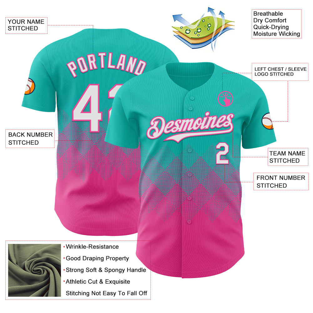 Custom Aqua White-Pink 3D Gradient Square Shape Authentic Baseball Jersey view 3