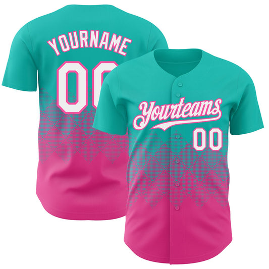 Custom Aqua White-Pink 3D Gradient Square Shape Authentic Baseball Jersey - Main View