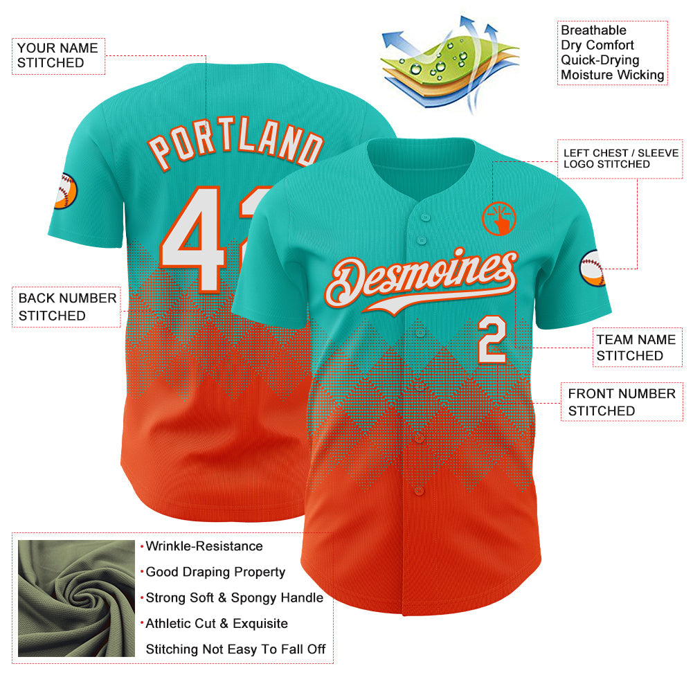 Custom Aqua White-Orange 3D Gradient Square Shape Authentic Baseball Jersey view 3