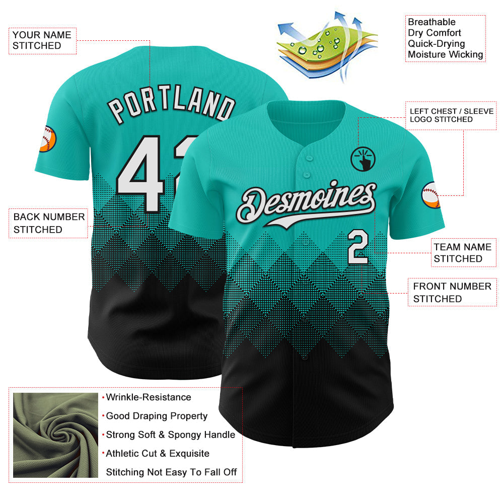 Custom Aqua White-Black 3D Gradient Square Shape Authentic Baseball Jersey view 3