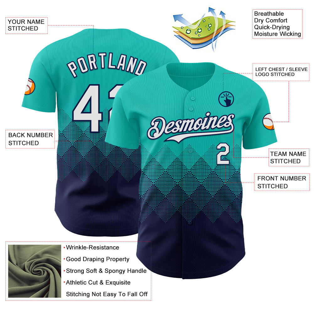 Custom Aqua White-Navy 3D Gradient Square Shape Authentic Baseball Jersey view 3