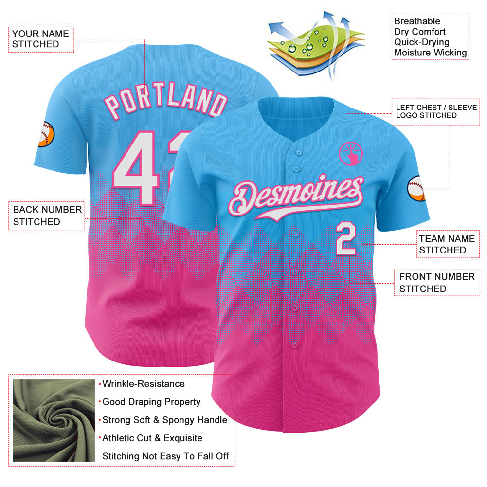 Custom Sky Blue White-Pink 3D Gradient Square Shape Authentic Baseball Jersey view 3
