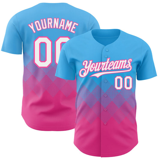 Custom Sky Blue White-Pink 3D Gradient Square Shape Authentic Baseball Jersey - Main View