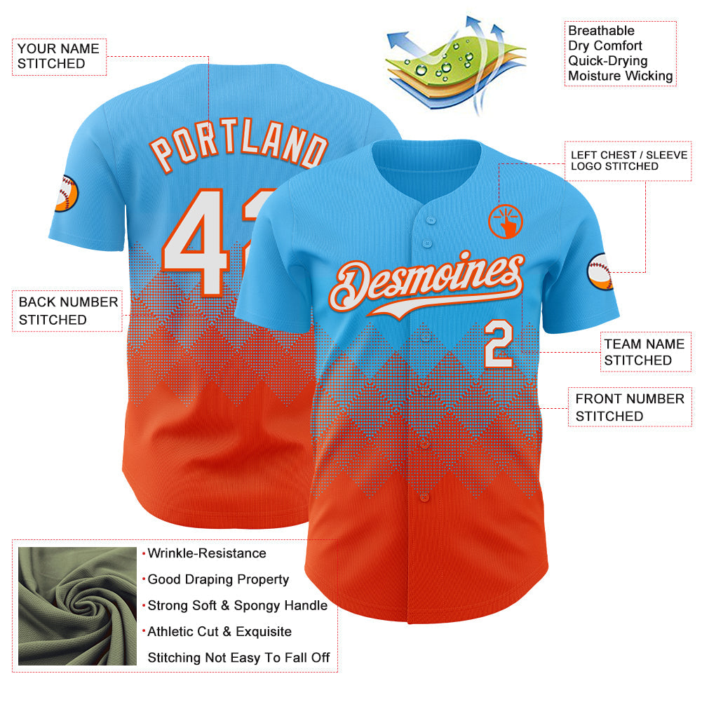 Custom Sky Blue White-Orange 3D Gradient Square Shape Authentic Baseball Jersey view 3