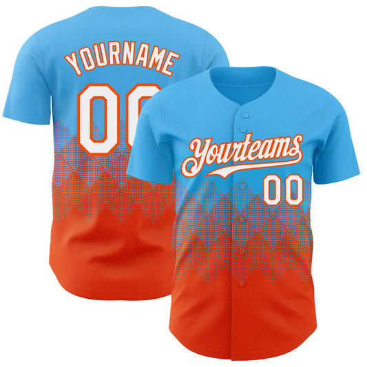 Custom Sky Blue White-Orange 3D Gradient Square Shape Authentic Baseball Jersey - Main View