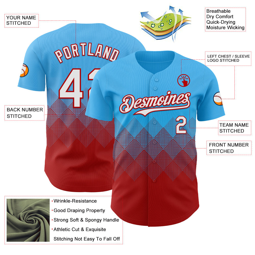 Custom Sky Blue White-Red 3D Gradient Square Shape Authentic Baseball Jersey view 3