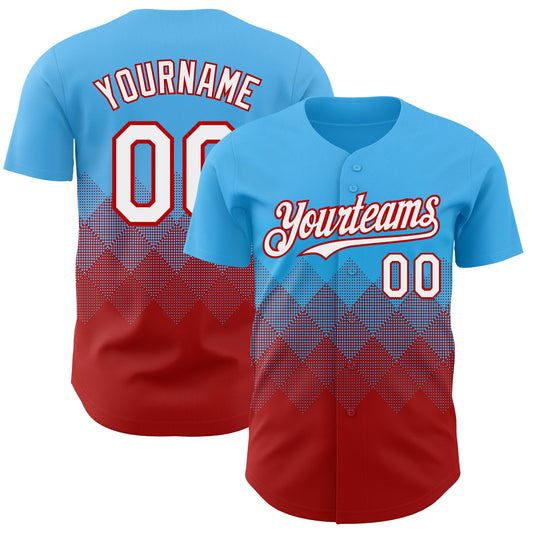 Custom Sky Blue White-Red 3D Gradient Square Shape Authentic Baseball Jersey - Main View