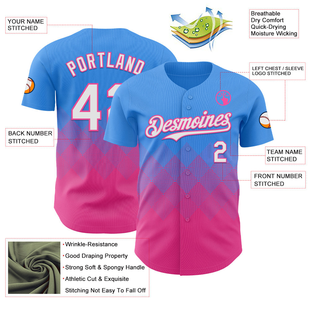 Custom Electric Blue White-Pink 3D Gradient Square Shape Authentic Baseball Jersey view 3