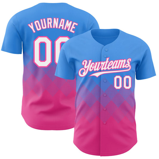 Custom Electric Blue White-Pink 3D Gradient Square Shape Authentic Baseball Jersey - Main View