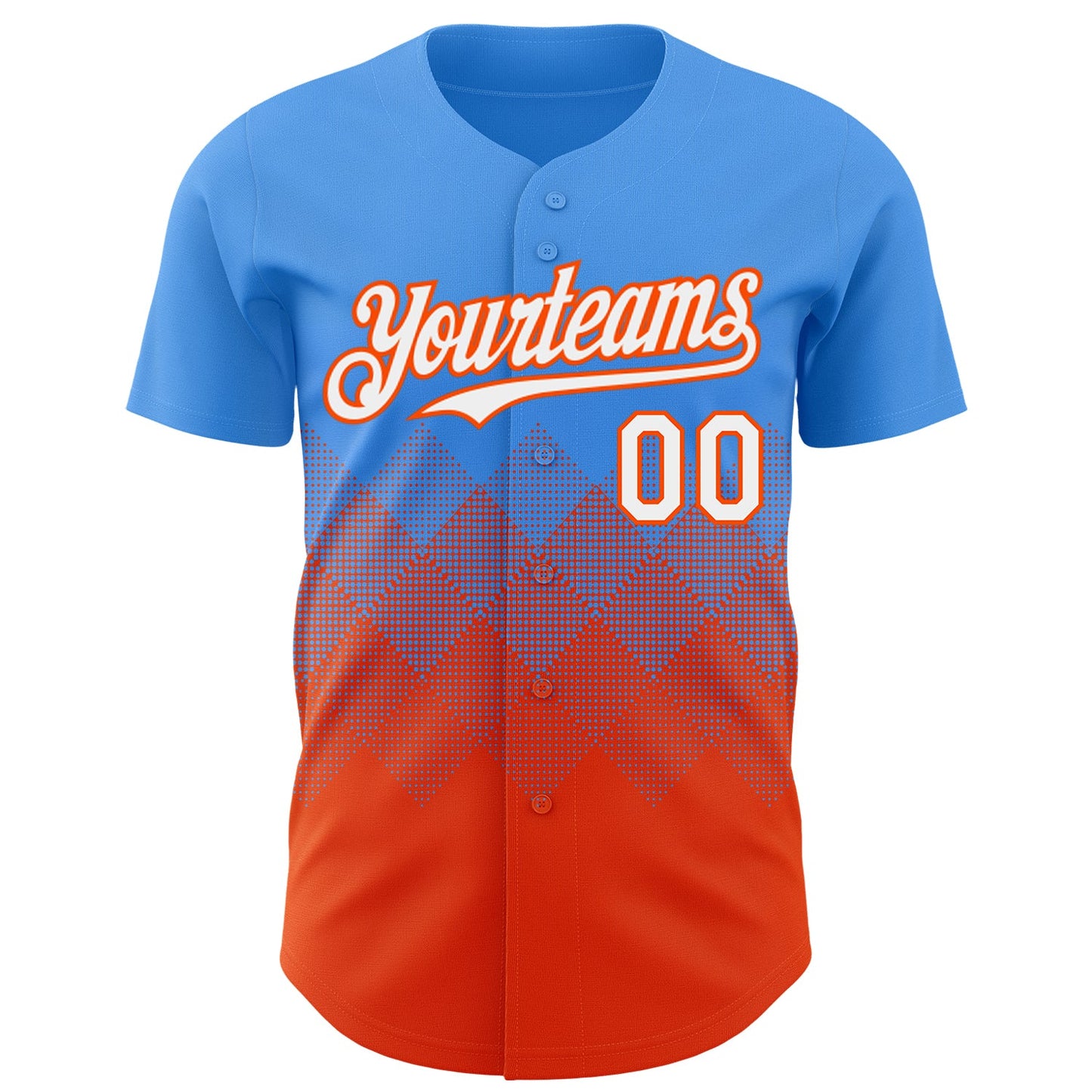 Custom Electric Blue White-Orange 3D Gradient Square Shape Authentic Baseball Jersey view 2