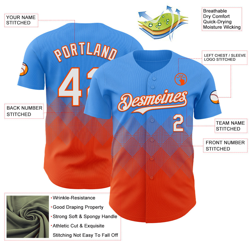 Custom Electric Blue White-Orange 3D Gradient Square Shape Authentic Baseball Jersey view 3
