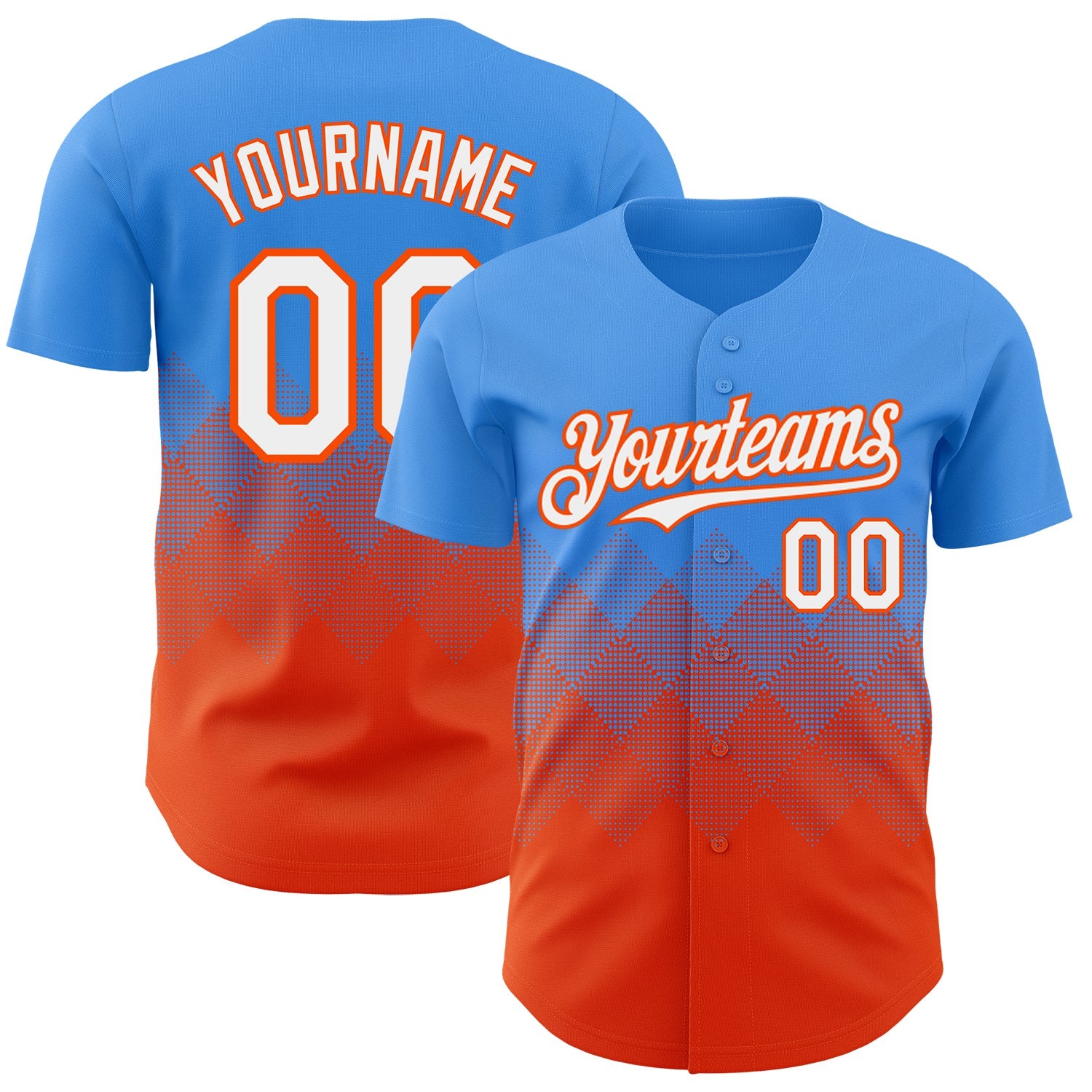 Custom Electric Blue White-Orange 3D Gradient Square Shape Authentic Baseball Jersey - Main View