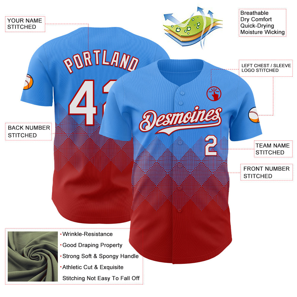Custom Electric Blue White-Red 3D Gradient Square Shape Authentic Baseball Jersey view 3