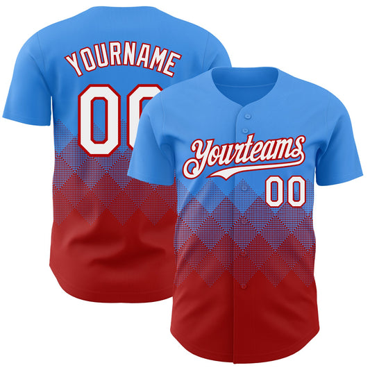 Custom Electric Blue White-Red 3D Gradient Square Shape Authentic Baseball Jersey - Main View
